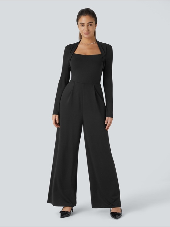 HALARA Pants - Halara Black Long Sleeve Wide Leg Jumpsuit M Built-In Bra NWT